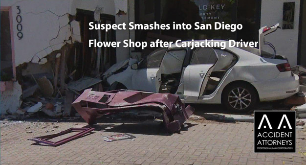 Suspect Smashes into San Diego Flower Shop after Carjacking Driver